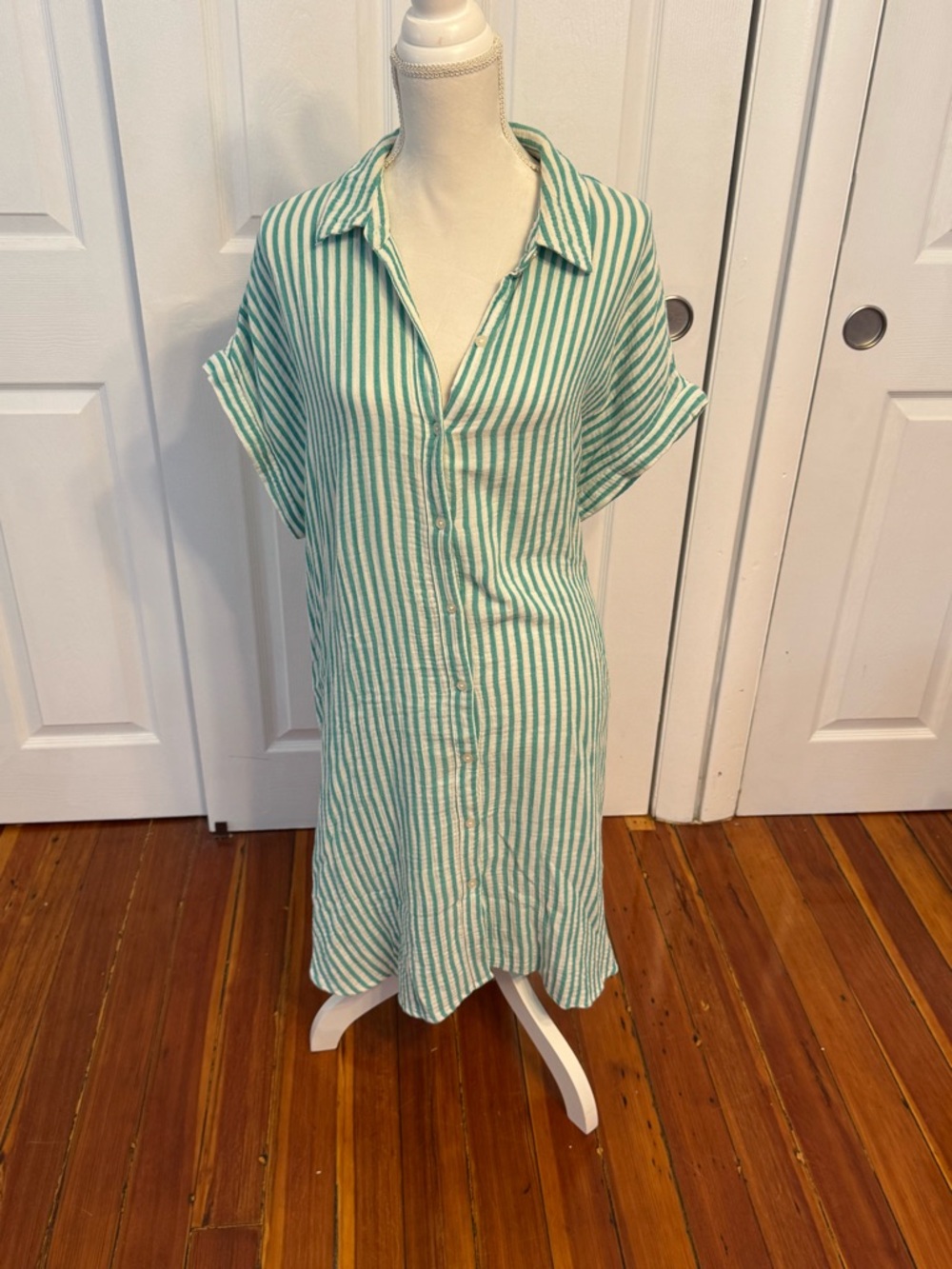 Universal Thread Green and White Striped Button-Down 100% Cotton Dress Size XL - Picture 2 of 8